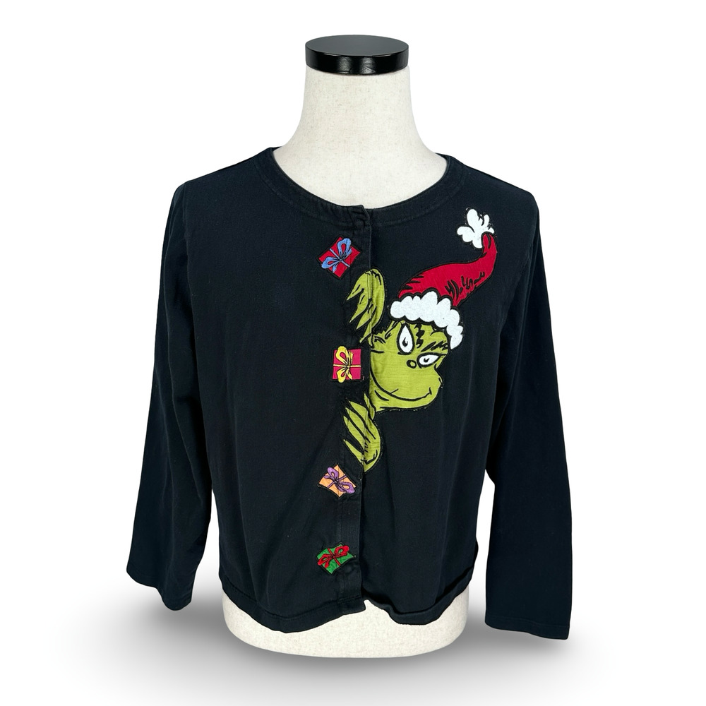 Michael Simon Dr. Seuss Grinch Christmas Cardigan Sweater Women’s XL Black Rare